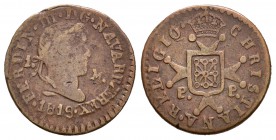 Fernando VII (1808-1833). 1 maravedí. 1819. Pamplona. (Cal-1652). Ae. 2,06 g. Busto laureado grande. FERDIN. Escasa. BC+/MBC-. Est...50,00.