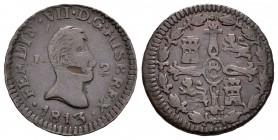 Fernando VII (1808-1833). 2 maravedís. 1813. Jubia. (Cal-1579). Ae. 2,10 g. Hoja en anverso. MBC-/BC+. Est...25,00.