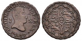 Fernando VII (1808-1833). 2 maravedís. 1817. Jubia. (Cal-1583). Ae. 2,94 g. Primer busto. Hojita. Rara. MBC+. Est...100,00.
