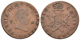 Fernando VII (1808-1833). 3 maravedís. 1825. Pamplona. (Cal-1643). Ae. 6,12 g. MBC. Est...80,00.