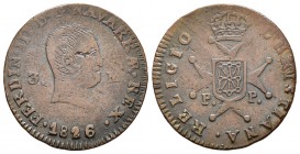 Fernando VII (1808-1833). 3 maravedís. 1826. Pamplona. (Cal-1644). Ae. 5,66 g. Hoja en anverso. MBC-. Est...40,00.