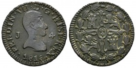 Fernando VII (1808-1833). 4 maravedís. 1816. Jubia. (Cal-1582). Ae. 5,20 g. Leve oxidación en anverso. Escasa. MBC-. Est...60,00.