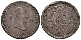 Fernando VII (1808-1833). 8 maravedís. 1812. Jubia. (Cal-1544). Ae. 9,97 g. Hoja en reverso y canto golpeado. MBC+. Est...60,00.