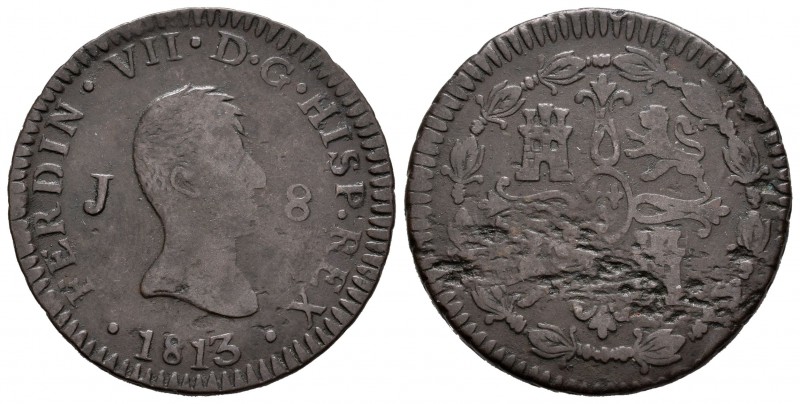Fernando VII (1808-1833). 8 maravedís. 1813. Jubia. (Cal-1545). Ae. 9,79 g. Hoja...