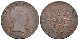 Fernando VII (1808-1833). 8 maravedís. 1823. Jubia. (Cal-1557). Ae. 9,65 g. Tipo "Cabezón". Marca de ceca JA. Escasa. BC+. Est...35,00.