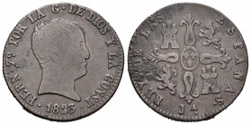 Fernando VII (1808-1833). 8 manavedís. 1823. Jubia. (Cal-1558). Ae. 10,64 g. Tipo "Cabezón". Marca de ceca JA. Sin indicación de valor. Concreción en ...