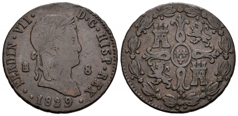 Fernando VII (1808-1833). 8 maravedís. 1829/7. Segovia. (Cal-1691). Ae. 11,57 g....