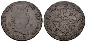 Fernando VII (1808-1833). 8 maravedís. 1829/7. Segovia. (Cal-1691). Ae. 11,57 g. MBC-. Est...18,00.
