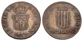 Fernando VII (1808-1833). 1 ochavo. 1813. Cataluña. (Cal-1534). Ae. 1,63 g. El 3 de la fecha recto. Escasa. MBC-. Est...25,00.