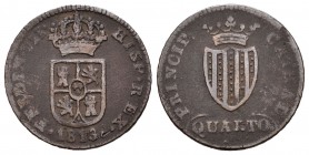 Fernando VII (1808-1833). 1 cuarto. 1813. Cataluña. (Cal-1533, error fecha). Ae. 2,75 g. QUARTO dentro de orla. Golpecito junto a la fecha. Escasa. MB...