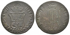 Fernando VII (1808-1833). 3 cuartos. 1810. Barcelona. (Cal-1520). Ae. 6,54 g. MBC-. Est...18,00.