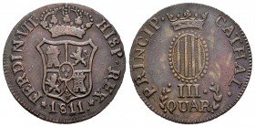 Fernando VII (1808-1833). 3 cuartos. 1811. Cataluña. (Cal-1521). Ae. 6,90 g. Variante de adornos alrededor del valor. Escasa en esta conservación. EBC...