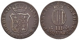 Fernando VII (1808-1833). 3 cuartos. 1813. Cataluña. (Cal-1524). Ae. 7,31 g. 3 curvo. MBC+. Est...40,00.