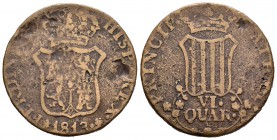 Fernando VII (1808-1833). 6 cuartos. 1813. Cataluña. (Cal-1517). Ae. 13,31 g. Muy rara. BC. Est...90,00.