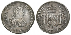 Fernando VII (1808-1833). 1/2 real. 1808. México. TH. (Cal-1335). Ag. 1,64 g. Busto imaginario. MBC+. Est...60,00.