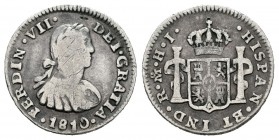 Fernando VII (1808-1833). 1/2 real. 1810. México. HJ. (Cal-1338). Ag. 1,62 g. Busto imaginario. BC+. Est...25,00.