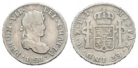 Fernando VII (1808-1833). 1/2 real. 1821. Potosí. PJ. (Cal-1374). Ag. 1,65 g. BC+. Est...20,00.