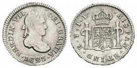 Fernando VII (1808-1833). 1/2 real. 1823. Potosí. JL. (Cal-1377). Ag. 1,72 g. Golpecito en el canto. Rara con este ensayador. MBC+. Est...80,00.