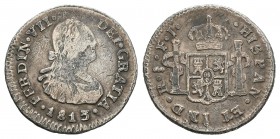 Fernando VII (1808-1833). 1/2 real. 1813. Santiago. FJ. (Cal-1392). Ag. 1,58 g. Escasa. BC+. Est...30,00.