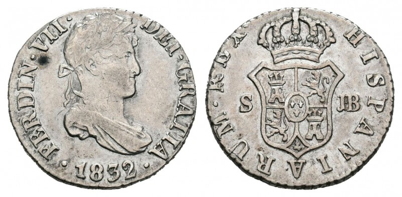 Fernando VII (1808-1833). 1/2 real. 1832. Sevilla. JB. (Cal-1399). Ag. 1,45 g. M...
