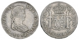 Fernando VII (1808-1833). 1 real. 1812. Guatemala. M. (Cal-1115). Ag. 3,30 g. Golpecitos. Escasa. MBC+. Est...70,00.