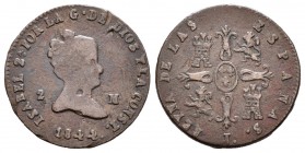 Isabel II (1833-1868). 2 maravedís. 1844. Jubia. (Cal-542). Ae. 2,69 g. Marca de ceca J. Pequeñas marcas en anverso. Rara. BC. Est...40,00.