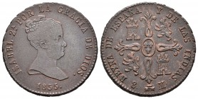 Isabel II (1833-1868). 8 maravedís. 1835. Segovia. (Cal-490). Ae. 11,59 g. Valor en reverso. Escasa. MBC. Est...65,00.