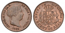 Isabel II (1833-1868). 5 céntimos de real. 1858. Segovia. (Cal-615). Ae. 2,15 g. Restos de color original. EBC. Est...60,00.