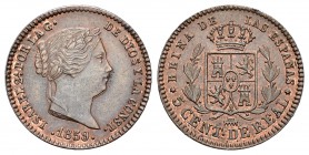 Isabel II (1833-1868). 5 céntimos de real. 1859. Segovia. (Cal-616). Ae. 1,61 g. Restos de color original. EBC. Est...40,00.