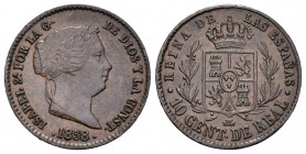 Isabel II (1833-1868). 10 céntimos de real. 1858. Segovia. (Cal-604). Ae. 3,72 g. MBC+. Est...40,00.