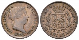 Isabel II (1833-1868). 10 céntimos de real. 1860. Segovia. (Cal-606). Ae. 3,92 g. MBC+. Est...20,00.
