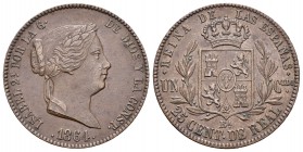 Isabel II (1833-1868). 25 céntimos de real. 1864. Barcelona. (Cal-588). Ae. 9,48 g. Escasa. EBC-. Est...110,00.