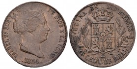 Isabel II (1833-1868). 25 céntimos de real. 1854. Segovia. (Cal-589). Ae. 9,61 g. Raya en anverso. MBC. Est...30,00.