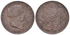 Isabel II (1833-1868). 25 céntimos de real. 1858. Segovia. (Cal-593). Ae. 8,95 g. MBC. Est...25,00.