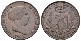 Isabel II (1833-1868). 25 céntimos de real. 1859. Segovia. (Cal-594). Ae. 9,25 g. MBC+. Est...35,00.