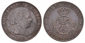 Isabel II (1833-1868). 1 céntimo de escudo. 1866. Jubia. Sin OM. (Cal-656). Ae. 2,57 g. Rayita en reverso. Muy escasa. MBC+. Est...60,00.