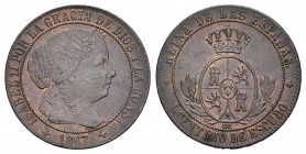 Isabel II (1833-1868). 1 céntimo de escudo. 1867. Jubia. OM. (Cal-658). Ae. 2,47 g. Rayitas. MBC+. Est...18,00.