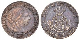 Isabel II (1833-1868). 1 céntimo de escudo. 1867. Segovia. Sin OM. (Cal-662). Ae. 2,50 g. Rara. MBC+. Est...75,00.