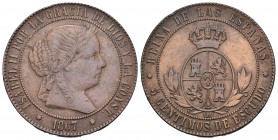 Isabel II (1833-1868). 5 céntimos de escudo. 1867. Sevilla. OM. (Cal-634). Ae. 12,45 g. MBC+. Est...35,00.