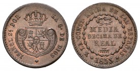 Isabel II (1833-1868). 1/2 décima de real. 1853. Segovia. (Cal-586). Ae. 1,91 g. Restos de brillo original. EBC. Est...50,00.