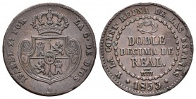 Isabel II (1833-1868). Doble décima de real. 1853. Segovia. (Cal-579). Ae. 8,13 g. Golpes en el canto. Escasa. MBC/MBC+. Est...90,00.