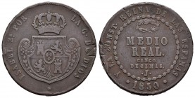 Isabel II (1833-1868). 1/2 real. 1850. Jubia. (Cal-571). Ae. 18,14 g. Golpes. Escasa. BC+. Est...60,00.