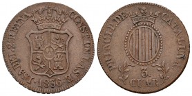 Isabel II (1833-1868). 3 cuartos. 1836. Barcelona. (Cal-703). Ae. 7,15 g. 3 CUAR. CATALUÑA. Escasa. MBC. Est...30,00.