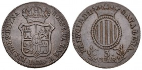 Isabel II (1833-1868). 3 cuartos. 1838. Barcelona. (Cal-705). Ae. 6,73 g. MBC. Est...25,00.
