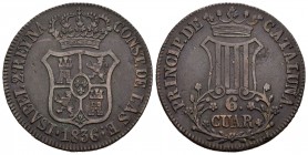 Isabel II (1833-1868). 6 cuartos. 1836. Barcelona. (Cal-682). Ae. 14,56 g. MBC-. Est...25,00.