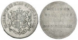 Isabel II (1833-1868). Medalla de proclamación. 1833. Barcelona. (H-6). Ag. 3,60 g. 20 mm. Módulo de 1 real. MBC. Est...25,00.