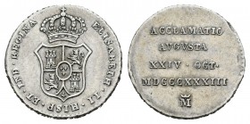 Isabel II (1833-1868). Medalla de proclamación. 1833. Madrid. (H-23). Ag. 1,55 g. 14 mm. Módulo de 1/2 real. Golpecito en el canto. Rayitas. MBC+. Est...