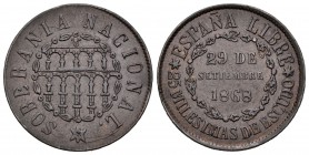 Gobierno Provisional (1868-1871). 25 milésimas de escudo. 1868. Segovia. (Cal-23). Ae. 6,23 g. Escasa. MBC+. Est...350,00.