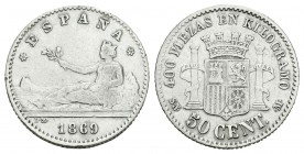 Gobierno Provisional (1868-1871). 50 céntimos. 1869*6-9. Madrid. SNM. (Cal-18). Ag. 2,44 g. BC+. Est...30,00.