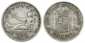 Gobierno Provisional (1868-1871). 50 céntimos. 1870*7-0. Madrid. SNM. (Cal-20). Ag. 2,49 g. MBC. Est...95,00.